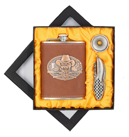 Bad-To-The Bone Skull Cowboy Flask, Heavy Duty Hip Flask Set-Includes Funnel, Pocket Knife and Gift Box