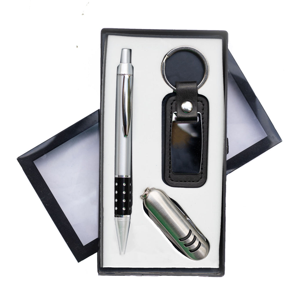 Luxury Ballpoint Pen Set with Swiss Style Pocket Knife & Engravable Keychain gift pack