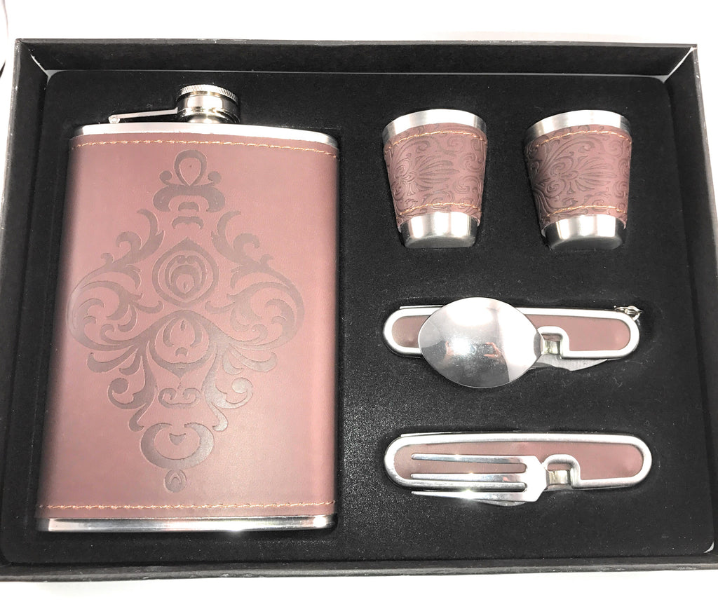 Premium 9 oz Soft Touch Leather Wrap Flask Gift Set w/Spoon&Fork Multitool